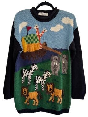 Vintage Karen Scott Hand Knit Noah’s Ark Animals Pullover Crewneck Sweater Black
